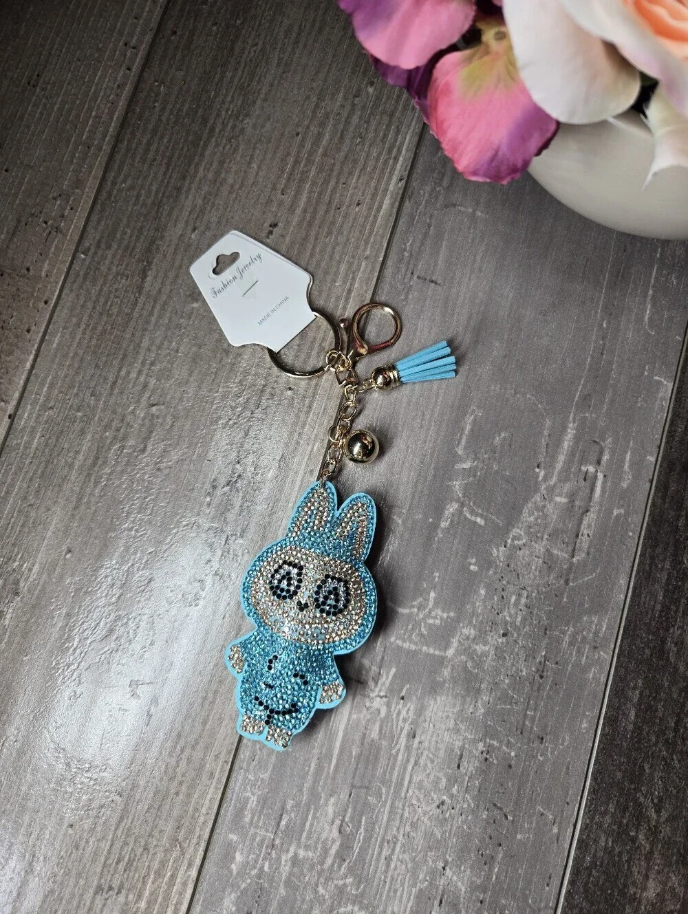 NWT Fashion Jewelry Sparkling Blue Labubu Inspired Gold Keyring Set with Charm